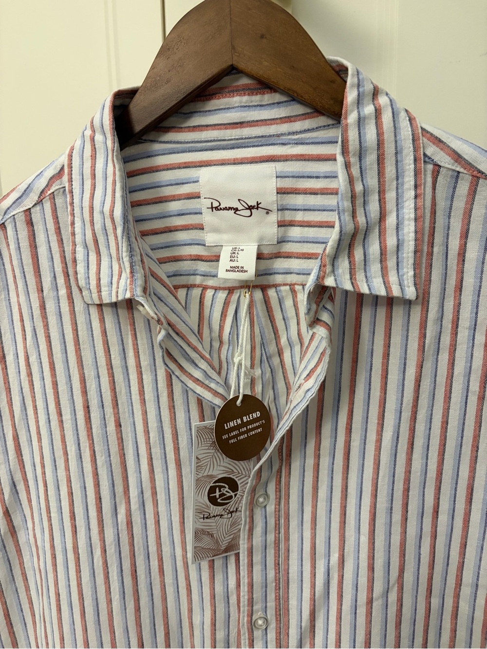 Panama Jack Men's Linen-Blend Button-Up Shirt — White with Red & Blue Stripes